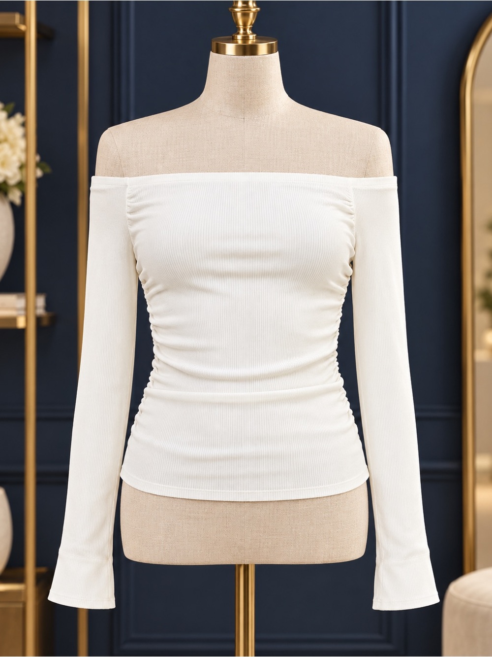Heart & Hips Off-Shoulder Ribbed Long-Sleeve Top in Cream